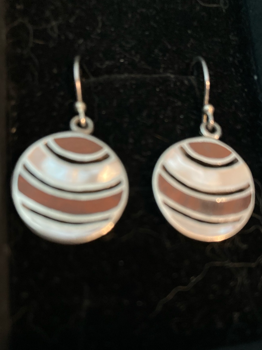 Earrings, sterling silver, mother of pearl and wood